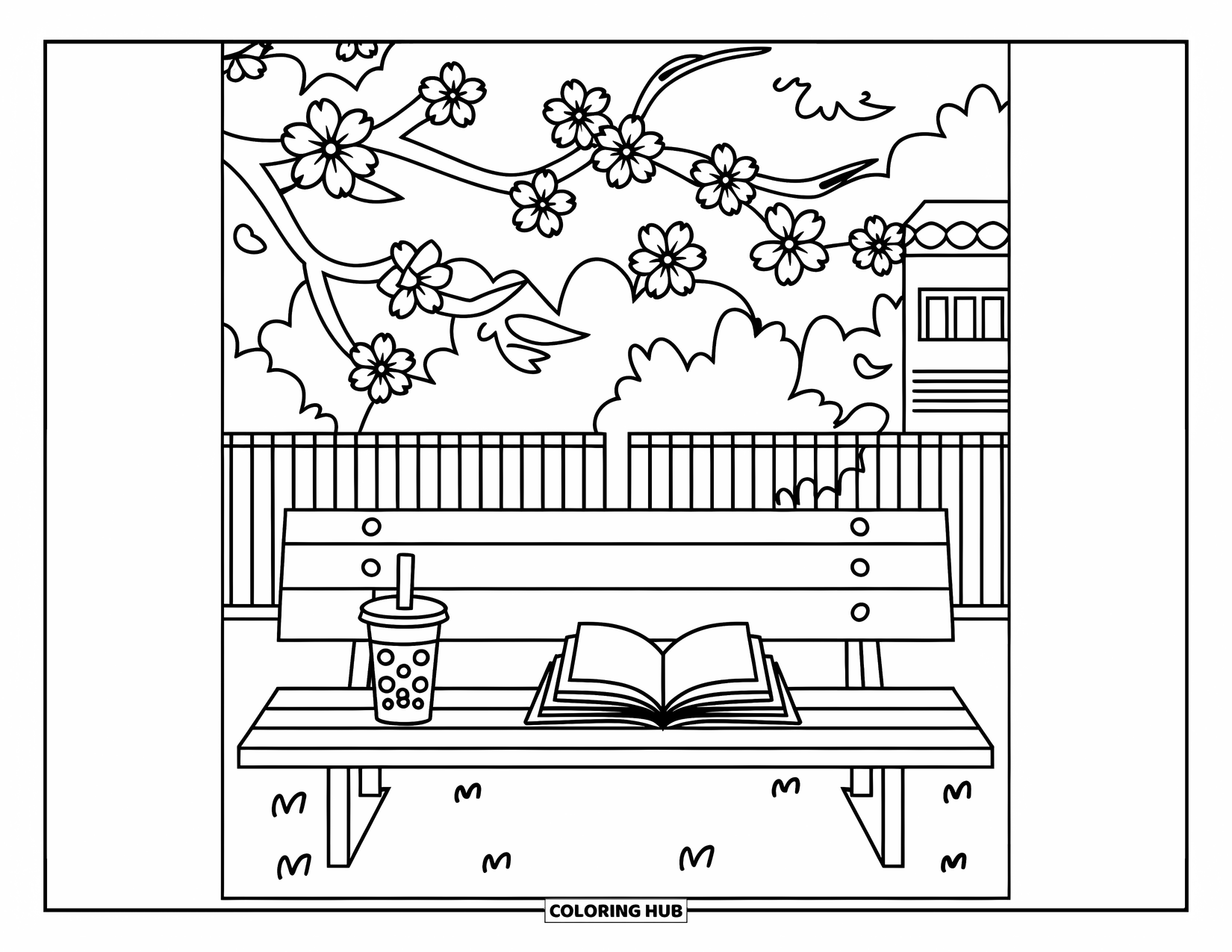 Bubble Tea Coloring Page for Kids: A cozy park bench with bubble tea and blooming cherry blossoms overhead