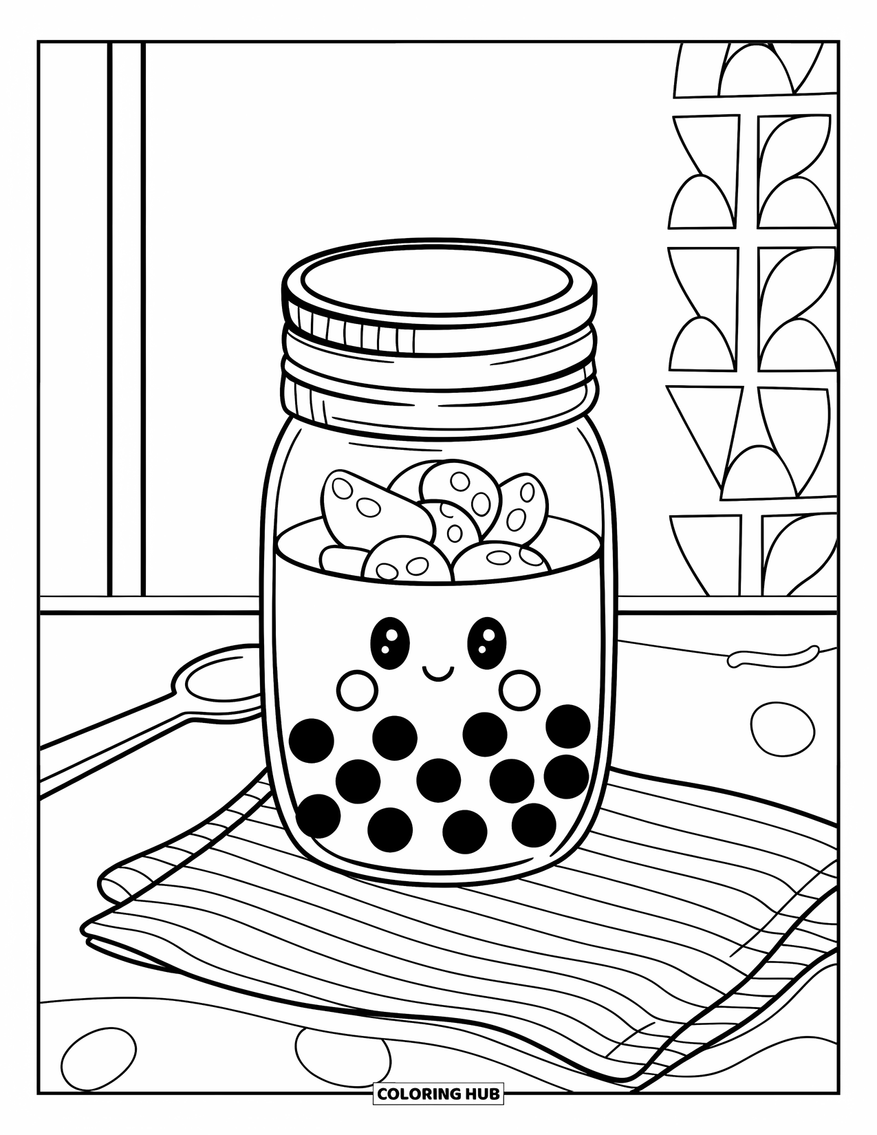 Bubble Tea Coloring Page for Kids: A green tea bubble jar rests on a napkin with a wooden spoon nearby