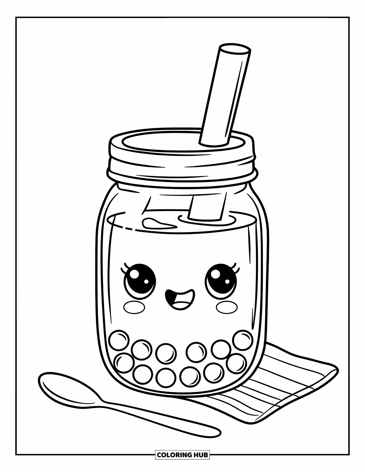 Bubble Tea Coloring Page for Kids: A jar of boba tea with a spoon and napkin makes a cute scene