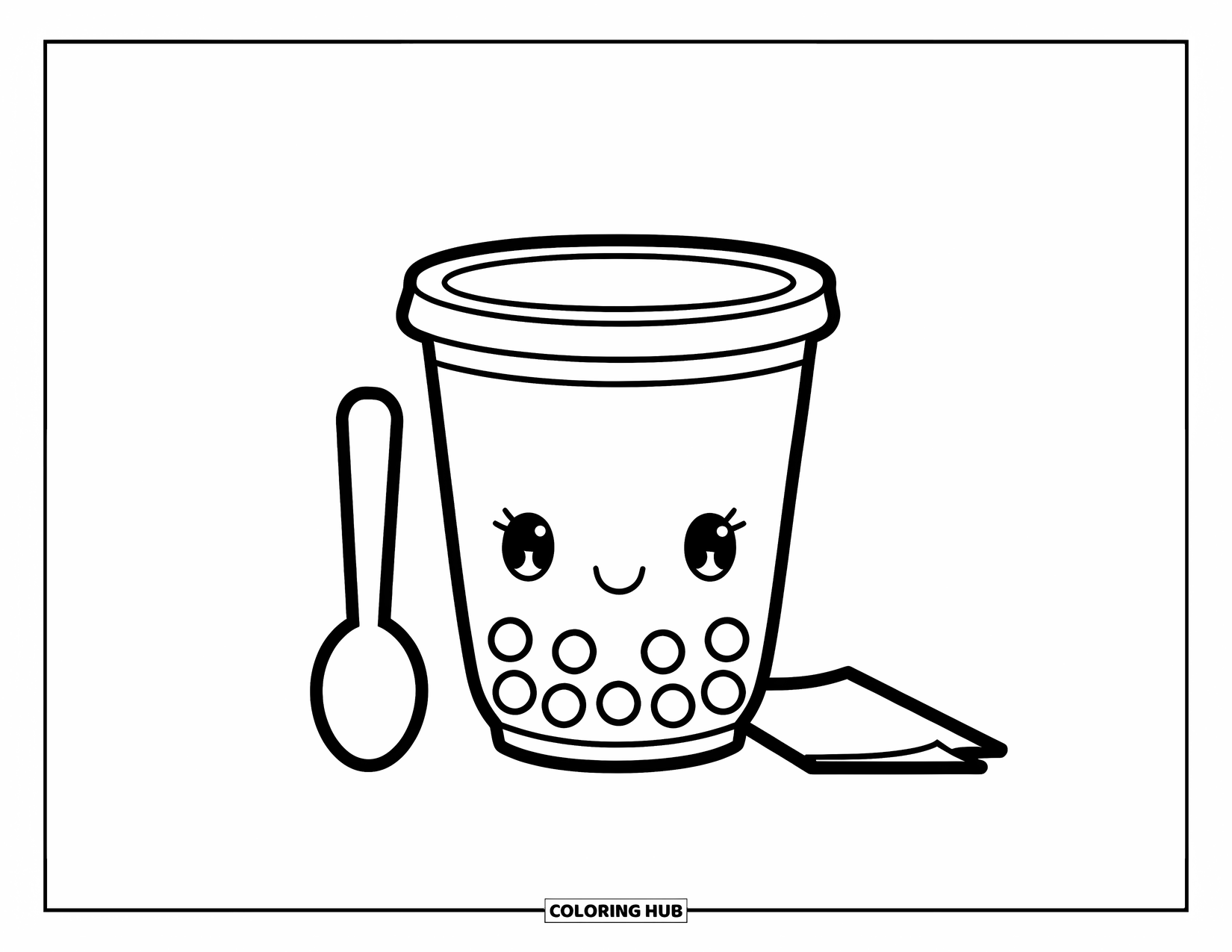 Bubble Tea Coloring Page for Kids: A large bubble tea cup rests with a round spoon and simple folded napkin