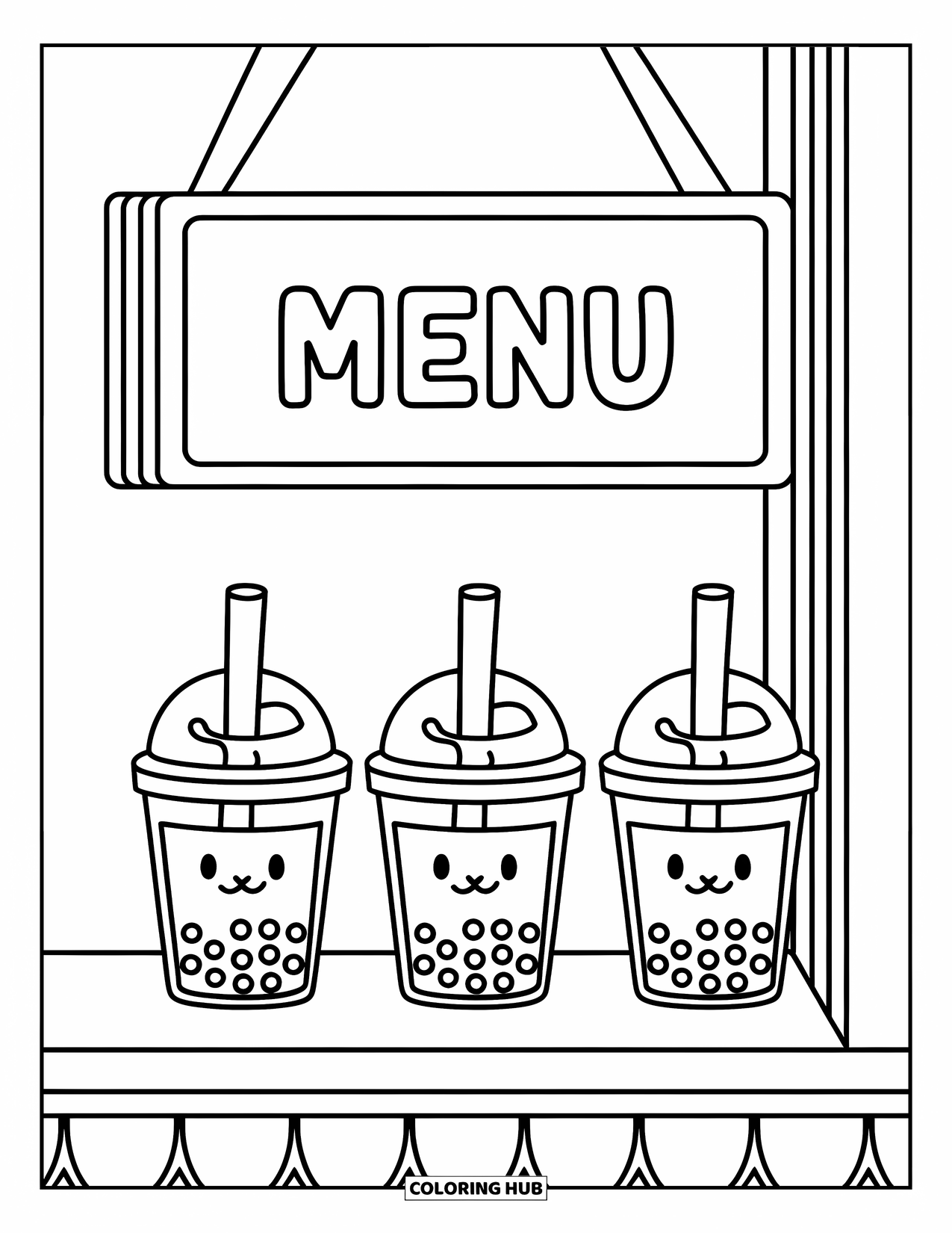 Bubble Tea Coloring Page for Kids: A menu board and tea cups line a shelf in a cozy bubble tea cafe
