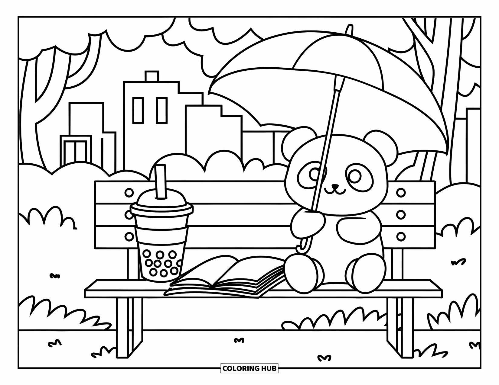 Bubble Tea Coloring Page for Kids: A panda holds an umbrella on a bench with bubble tea and a book