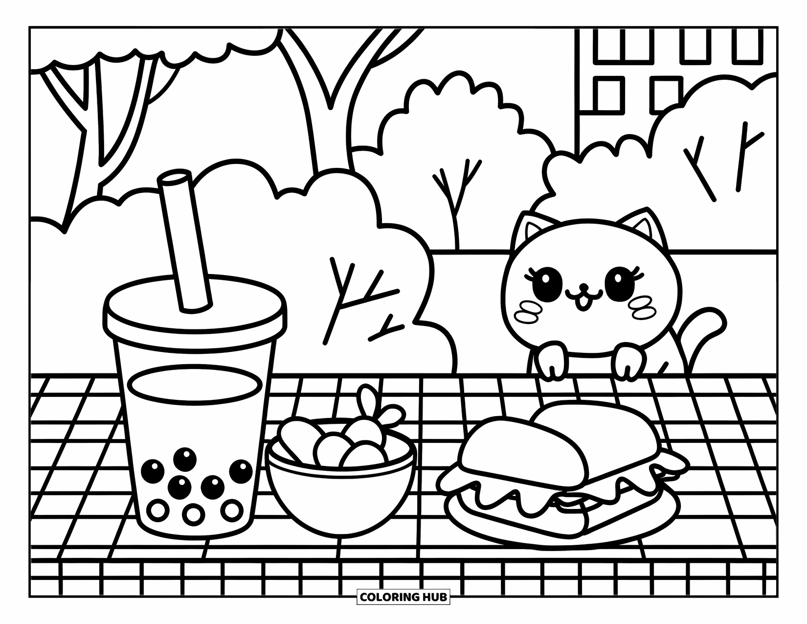Bubble Tea Coloring Page for Kids: A picnic scene with bubble tea, fruit, and a sandwich beside a friendly cat