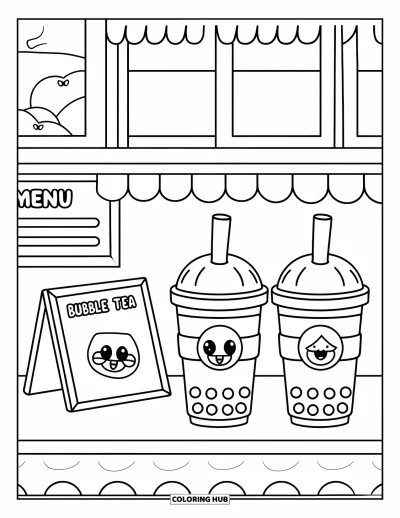 Bubble Tea Coloring Page for Kids: A shelf displays bubble teas with characters and a small menu above them