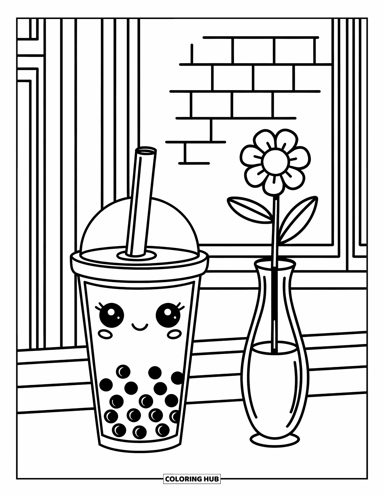Bubble Tea Coloring Page for Kids: Bubble tea and a flower vase rest on a windowsill with a brick backdrop