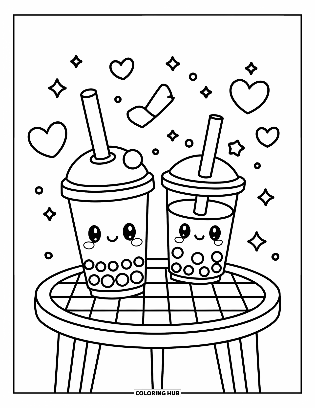 Bubble Tea Coloring Page for Kids: Bubble tea cups with unique straws rest on a table surrounded by stars and hearts