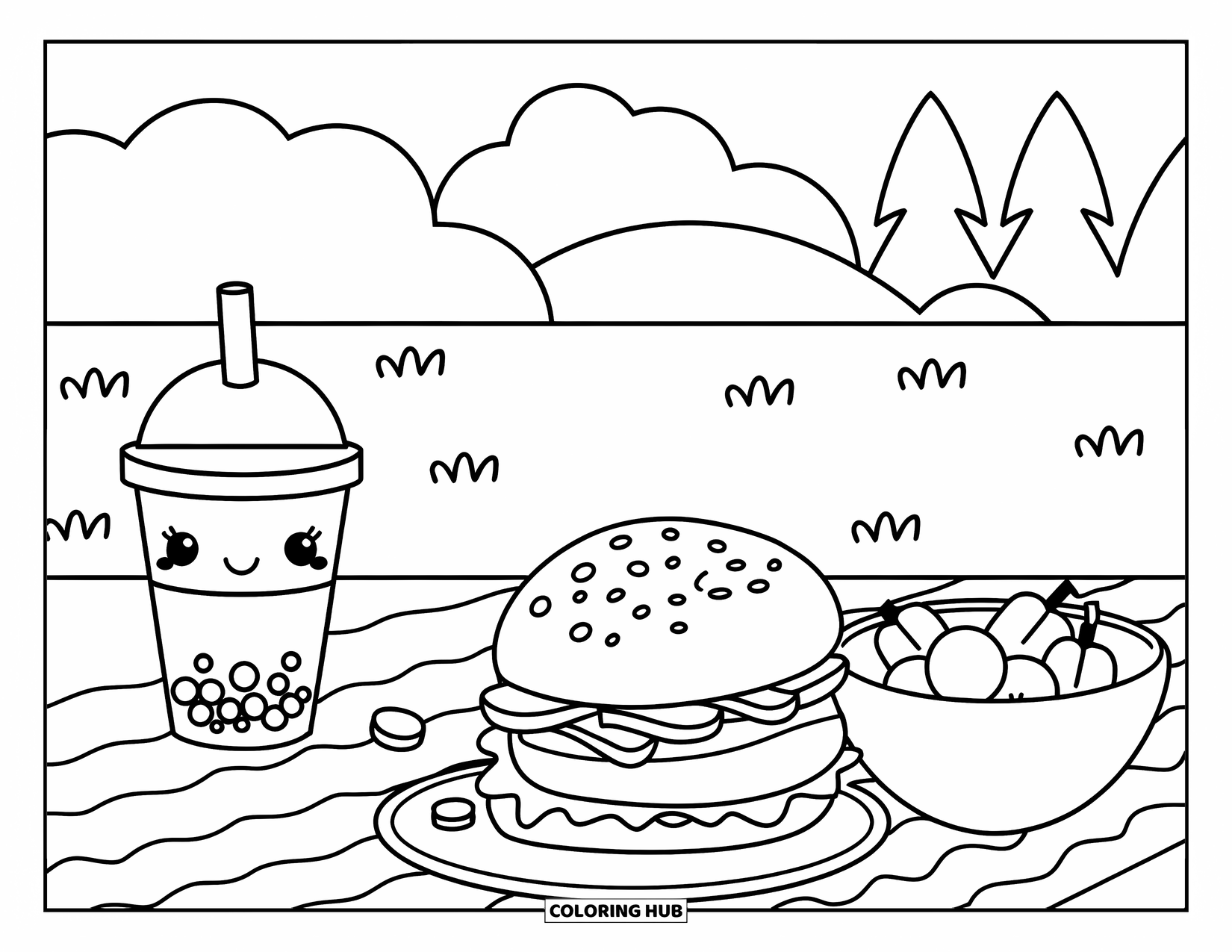 Bubble Tea Coloring Page for Kids: Bubble tea, fruit, and sandwiches rest on a picnic cloth in a grassy park