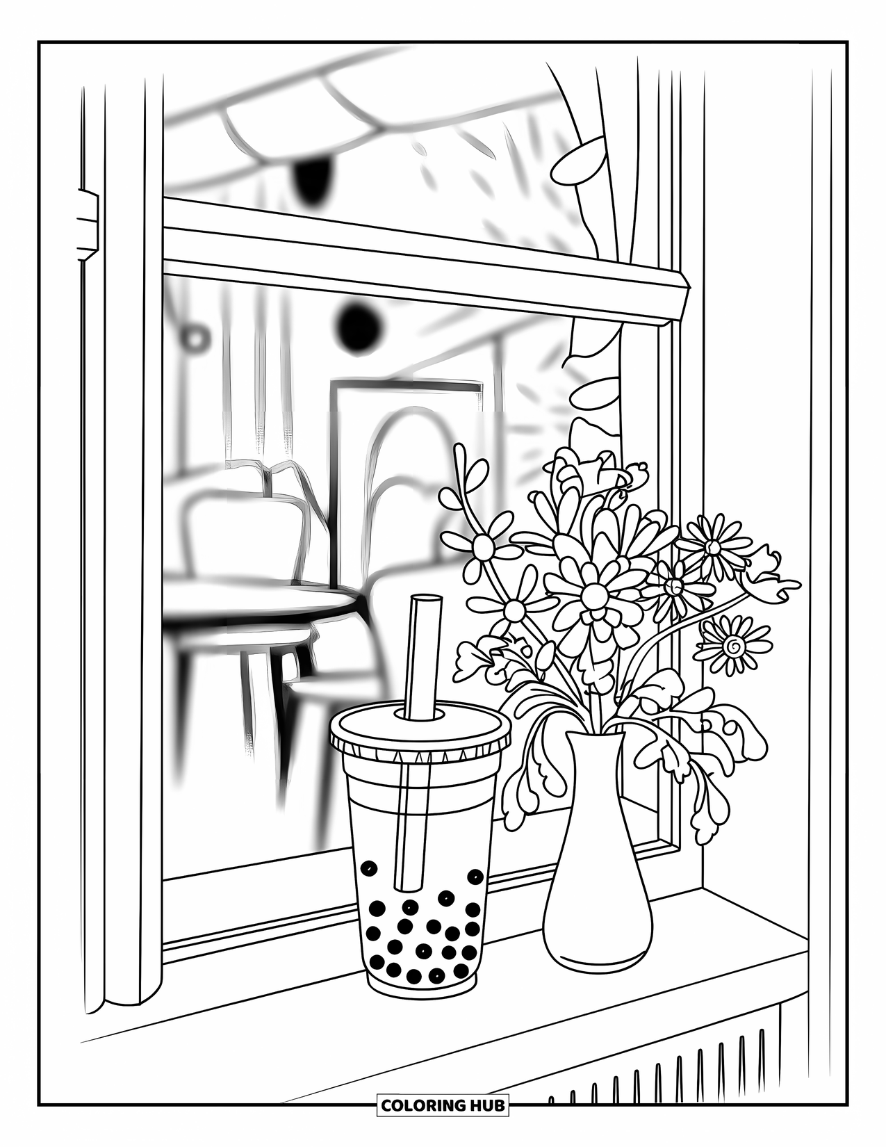 Bubble Tea Coloring Page for Kids: Bubble tea sits near a flower vase in a cozy cafe window scene