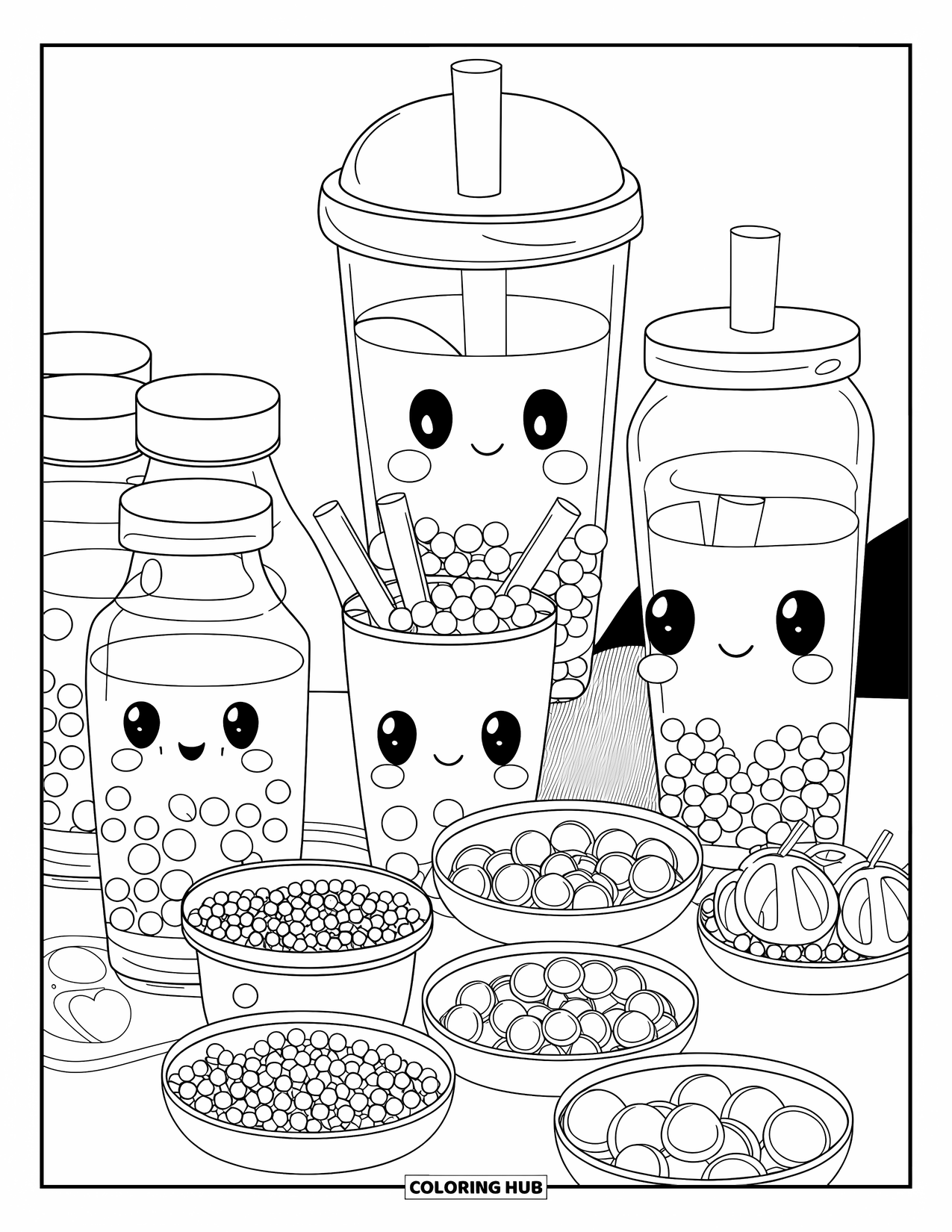 Bubble Tea Coloring Page for Kids: Jars of toppings surround a bubble tea being filled at a cute bar