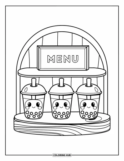 Bubble Tea Coloring Page for Kids: Three bubble teas with faces rest on a shelf under a menu board