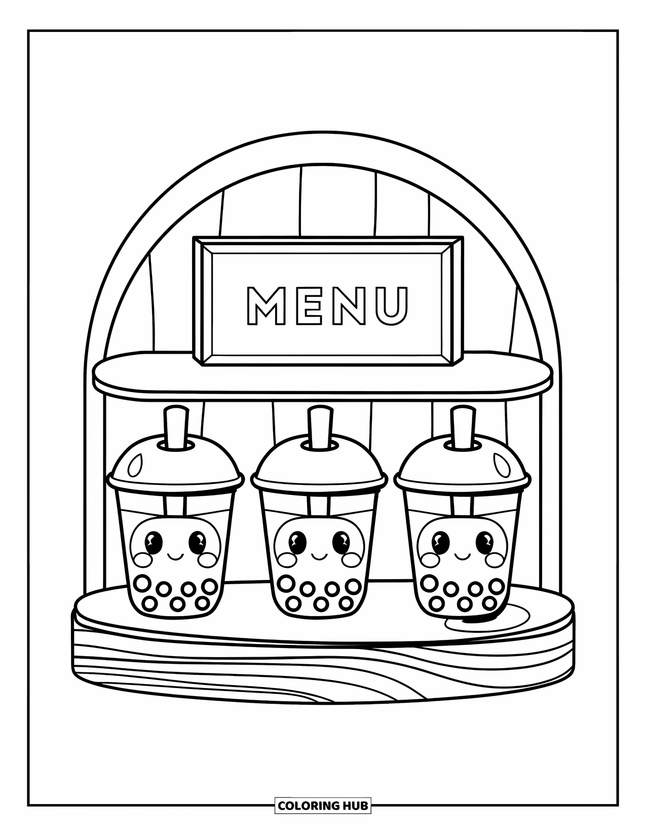 Bubble Tea Coloring Page for Kids: Three bubble teas with faces rest on a shelf under a menu board