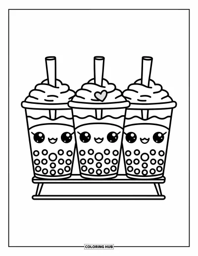 Bubble Tea Coloring Page for Kids: Three cute bubble teas with toppings and hearts rest on a wooden stand