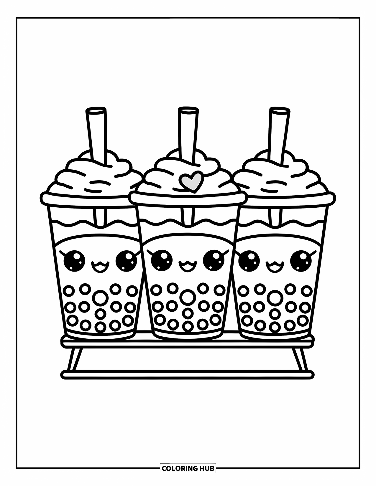 Bubble Tea Coloring Page for Kids: Three cute bubble teas with toppings and hearts rest on a wooden stand