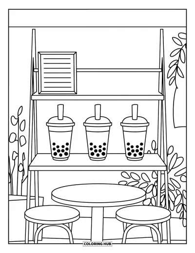 Bubble Tea Coloring Page for Kids: Three decorated bubble teas sit on a wooden shelf beside cute hanging plants