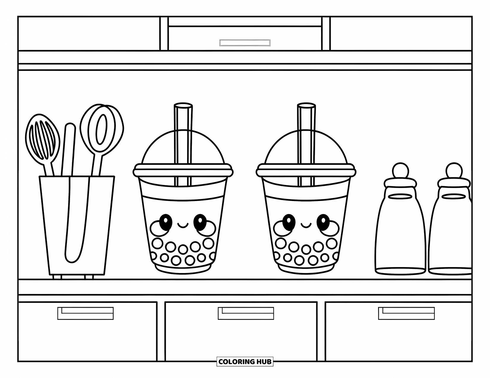Bubble Tea Coloring Page for Kids: Two bubble tea cups and utensils sit neatly on a simple countertop
