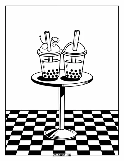 Bubble Tea Coloring Page for Kids: Two bubble teas sit on a small table with fun straws and cute toppings