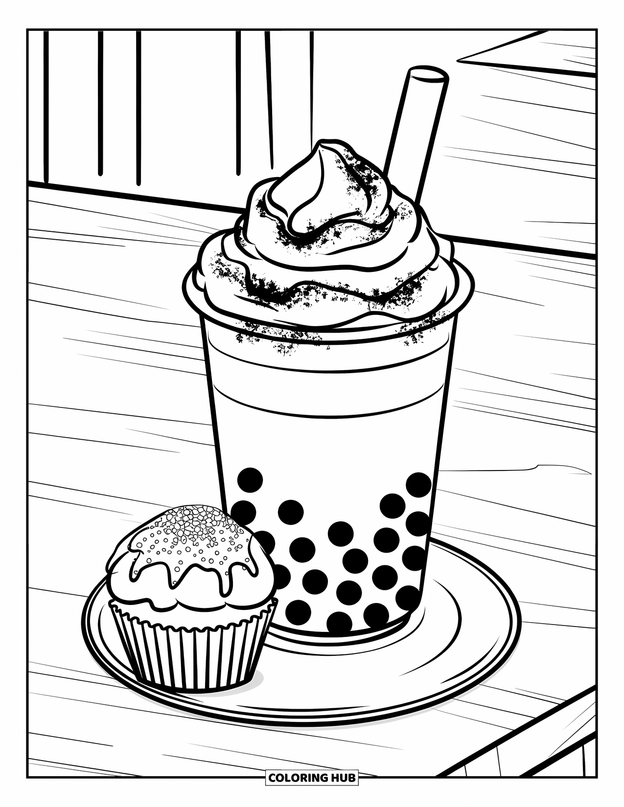 Bubble Tea Coloring Page for Kids: Whipped bubble tea and cupcake with icing sit on a clean white table