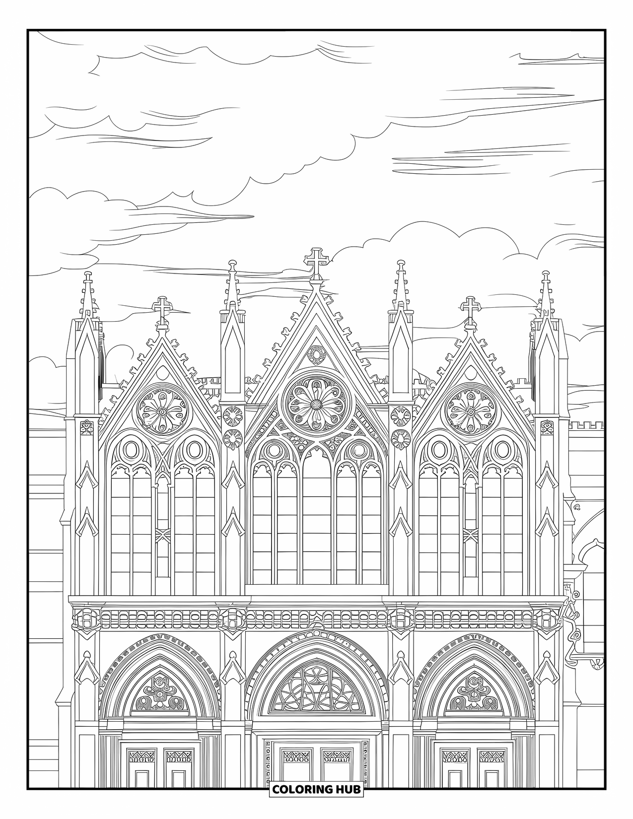 Building Coloring Page for Adults: A cathedral front with stained-glass windows, arched doorways, and intricate sculptural details