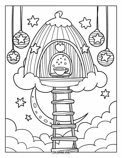 Coloriage de bâtiment pour adultes : Un cottage dans les nuages avec une fenêtre tasse de thé, des lanternes étoilées et une échelle vers une lune endormie