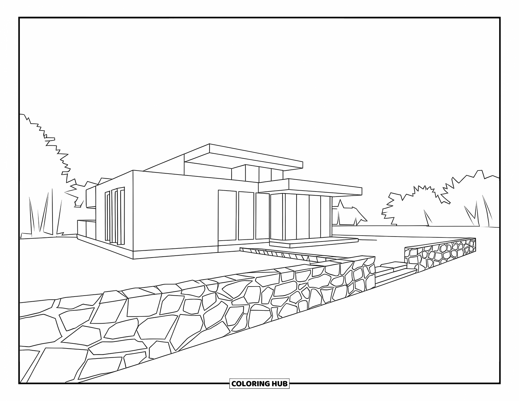 Building Coloring Page for Adults: A concrete cube home with flat roof, garden wall, and a tree-dotted field around it
