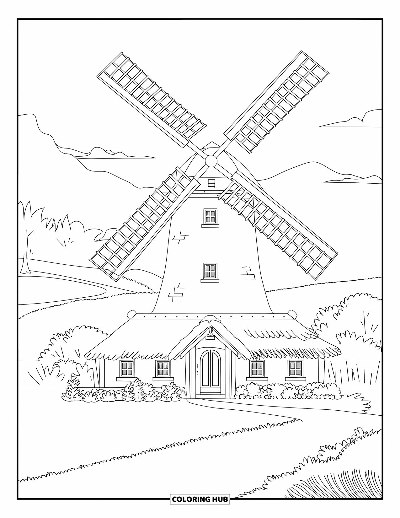Building Coloring Page for Adults: A countryside cottage with a windmill, winding path, and quiet hills in the distance