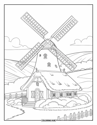 Coloriage de bâtiment pour adultes : Un charmant moulin à vent à la campagne avec une clôture, des nuages et de la verdure tout autour