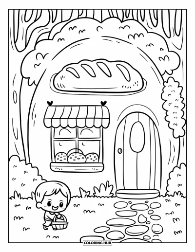 Coloriage de bâtiment pour adultes : Une boulangerie forestière accueillante avec une enseigne en forme de pain, un auvent rayé et un garçon chibi avec un panier