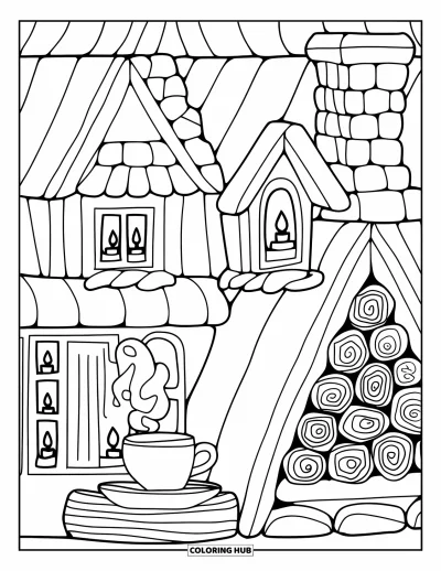Coloriage de bâtiment pour adultes : Un chalet accueillant avec des fenêtres illuminées, une cheminée généreuse et un cacao près du tas de bois