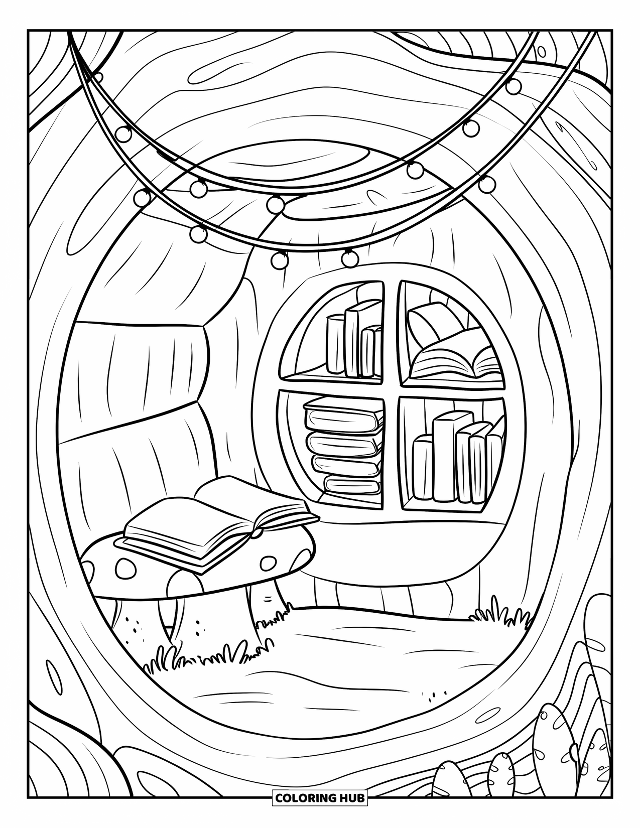 Building Coloring Page for Adults: A cozy log library with round windows, fairy lights, and books resting outside