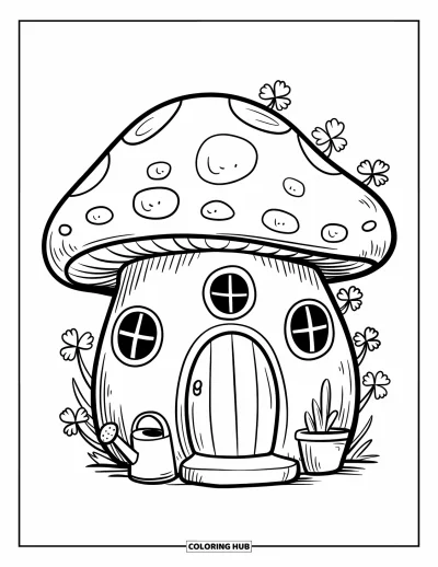 Coloriage de bâtiment pour adultes : Une maison-champignon chaleureuse avec des fenêtres circulaires, un petit perron et deux plantes en pot dehors