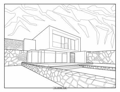 Coloriage de bâtiment pour adultes : Une maison en forme de cube avec de longues fenêtres et un mur de jardin en pierre aux motifs artistiques