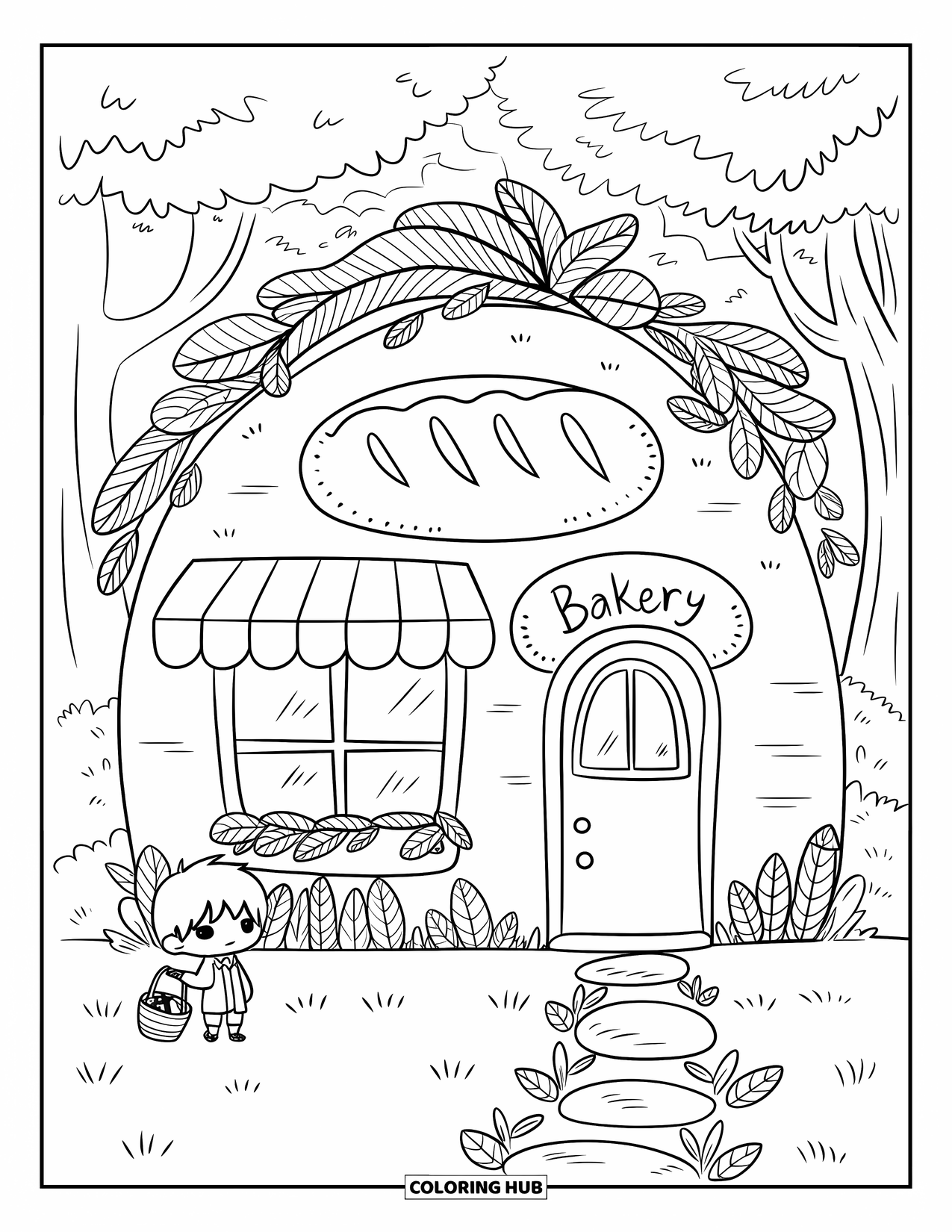 Building Coloring Page for Adults: A cute bakery hut with striped awning, leafy path, and a boy holding a basket