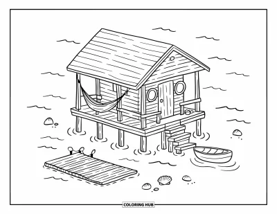 Coloriage de bâtiment pour adultes : Une mignonne cabane de bord de mer avec un hamac, un ponton flottant et des coquillages près des marches