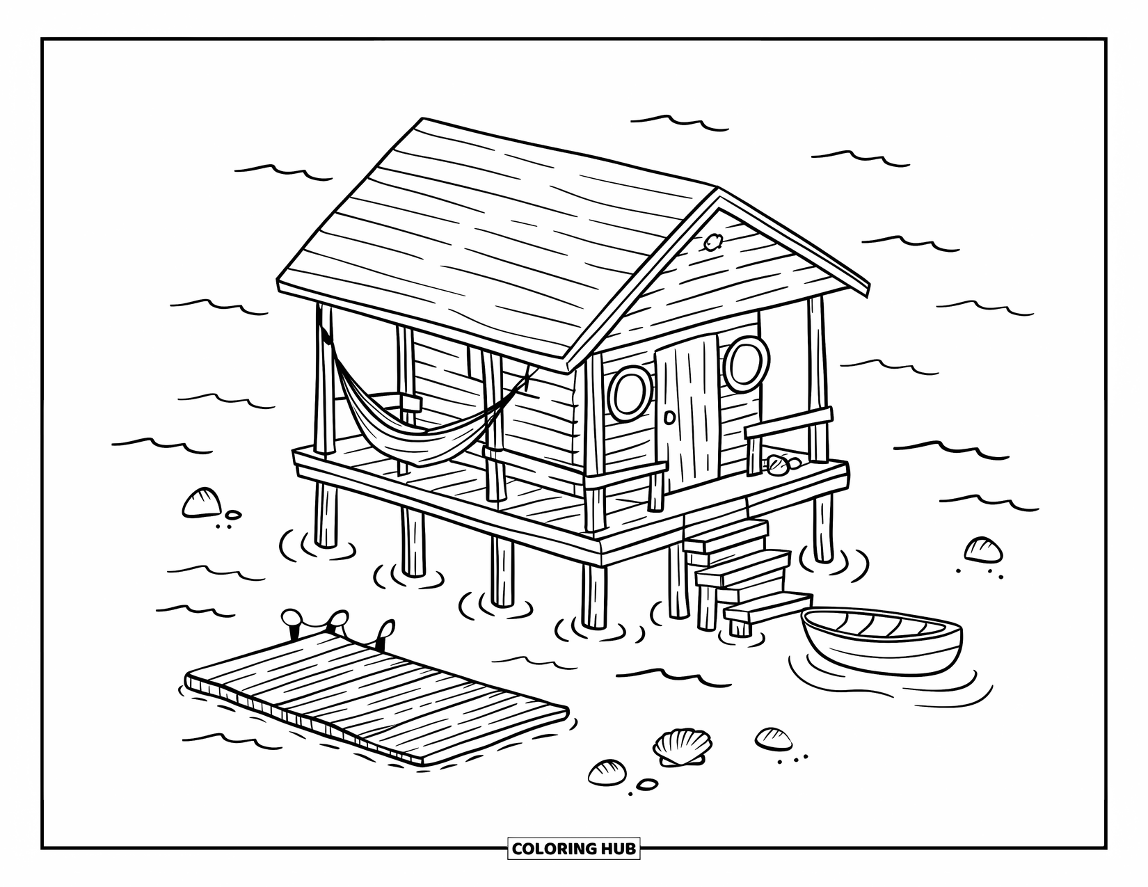 Building Coloring Page for Adults: A cute seaside hut with a hammock, floating dock, and scattered seashells by the stairs