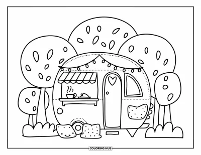 Coloriage de bâtiment pour adultes : Un van adorable avec une théière fumante, des guirlandes lumineuses et une tablette dépliante à l'intérieur