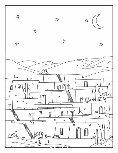 Coloriage de bâtiment pour adultes : Un village adobe dans le désert avec des toits lisses, des échelles, des cactus et un ciel étoilé