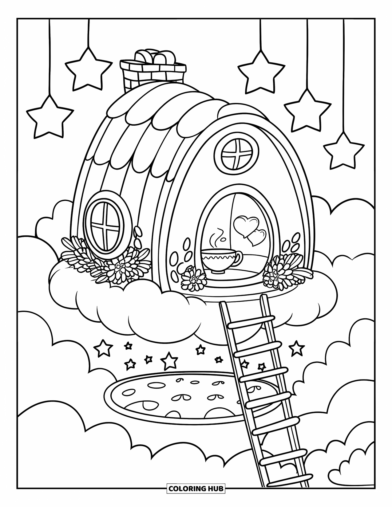 Building Coloring Page for Adults: A dreamy cottage in the clouds with a hanging ladder and a cozy moon below