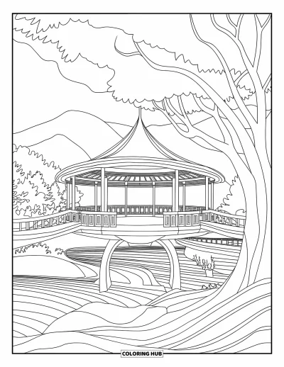 Coloriage de bâtiment pour adultes : Un pavillon flottant avec des passerelles courbes sur l'eau, entouré d'arbres et de montagnes