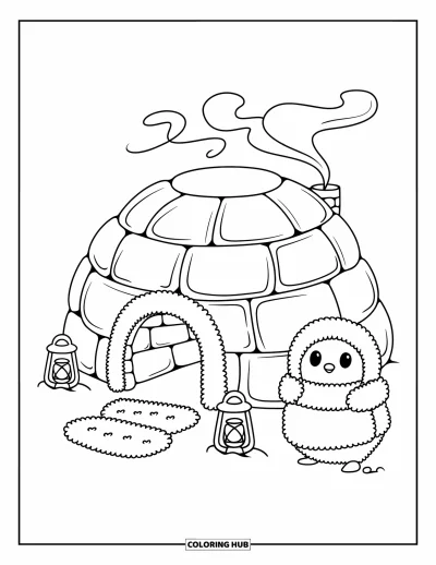 Coloriage de bâtiment pour adultes : Un igloo moelleux avec de la vapeur, des lanternes et un pingouin debout à côté