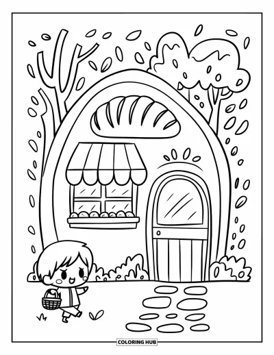 Coloriage de bâtiment pour adultes : Une boulangerie forestière avec un paillasson en feuilles, une enseigne en forme de pain et un garçon chibi sur le chemin