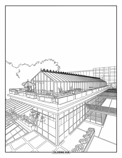 Coloriage de bâtiment pour adultes : Un café-serre au-dessus d'un centre commercial avec des plantes, des chaises et une façade élégante