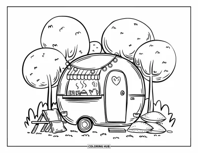 Coloriage de bâtiment pour adultes : Un van avec une porte en cœur, un intérieur confortable, des coussins pour pique-nique et des guirlandes lumineuses sous des arbres ronds