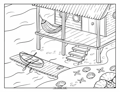 Coloriage de bâtiment pour adultes : Une cabane sur pilotis avec des vagues apaisantes, un hamac et un porche à fenêtre ronde
