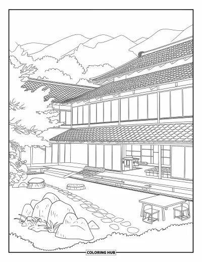 Coloriage de bâtiment pour adultes : Un ryokan japonais niché parmi des cerisiers avec une cour en pierre et une table basse