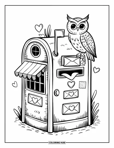 Coloriage de bâtiment pour adultes : Un bureau de poste en forme de boîte aux lettres avec des cœurs et un hibou portant une enveloppe timbrée