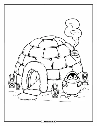 Coloriage de bâtiment pour adultes : Un igloo doux comme une guimauve avec de la vapeur qui monte et un pingouin bien emmitouflé à côté