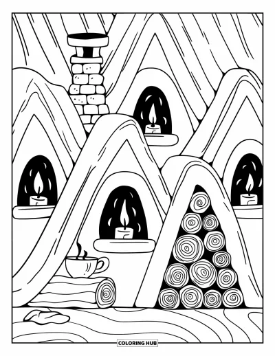 Coloriage de bâtiment pour adultes : Un petit refuge de montagne avec des lumières chaleureuses, un cacao sur une bûche et une cheminée en pierre