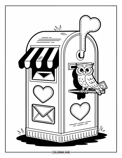 Coloriage de bâtiment pour adultes : Un minuscule bureau de poste avec un hibou, une fente à lettres et une porte décorée de cœurs
