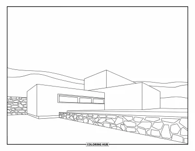 Coloriage de bâtiment pour adultes : Une maison minimaliste avec une longue fenêtre, des lignes épurées et un muret en pierre à proximité