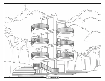 Coloriage de bâtiment pour adultes : Un micro-appartement moderne avec des balcons rotatifs, entouré d'arbres et de détails architecturaux ingénieux
